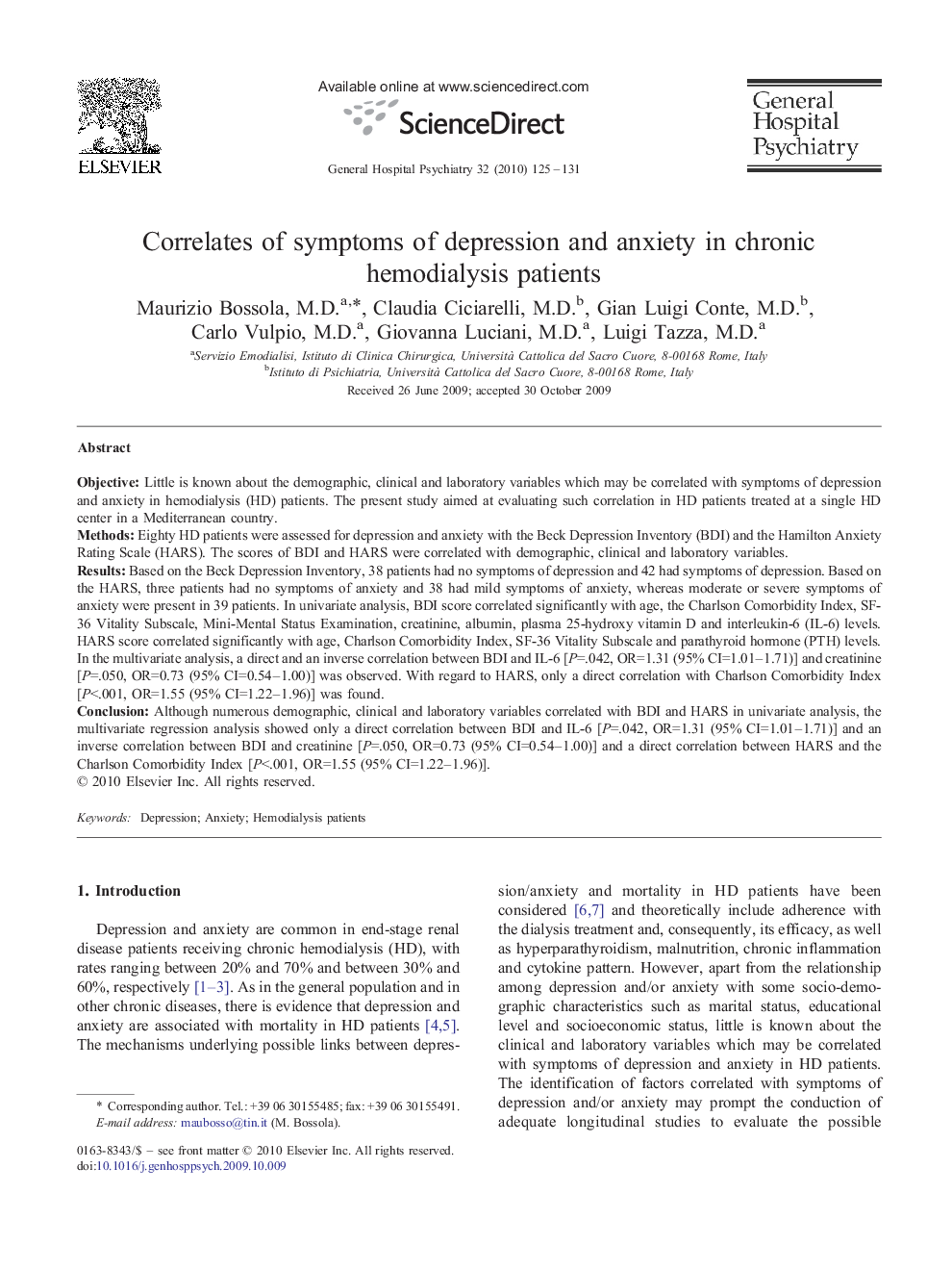 Correlates of symptoms of depression and anxiety in chronic hemodialysis patients