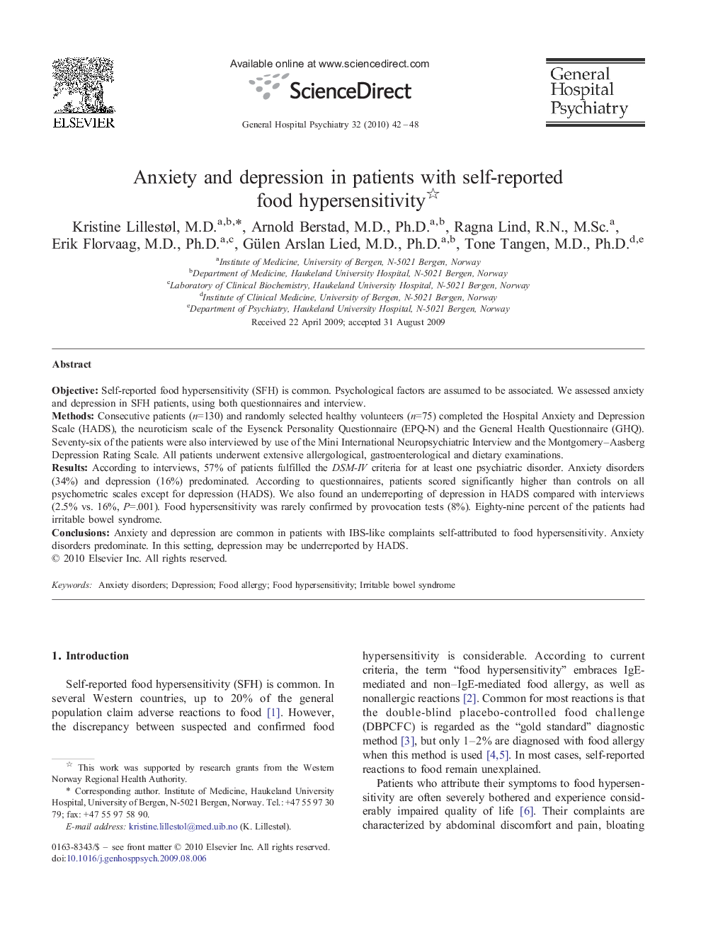 Anxiety and depression in patients with self-reported food hypersensitivity 