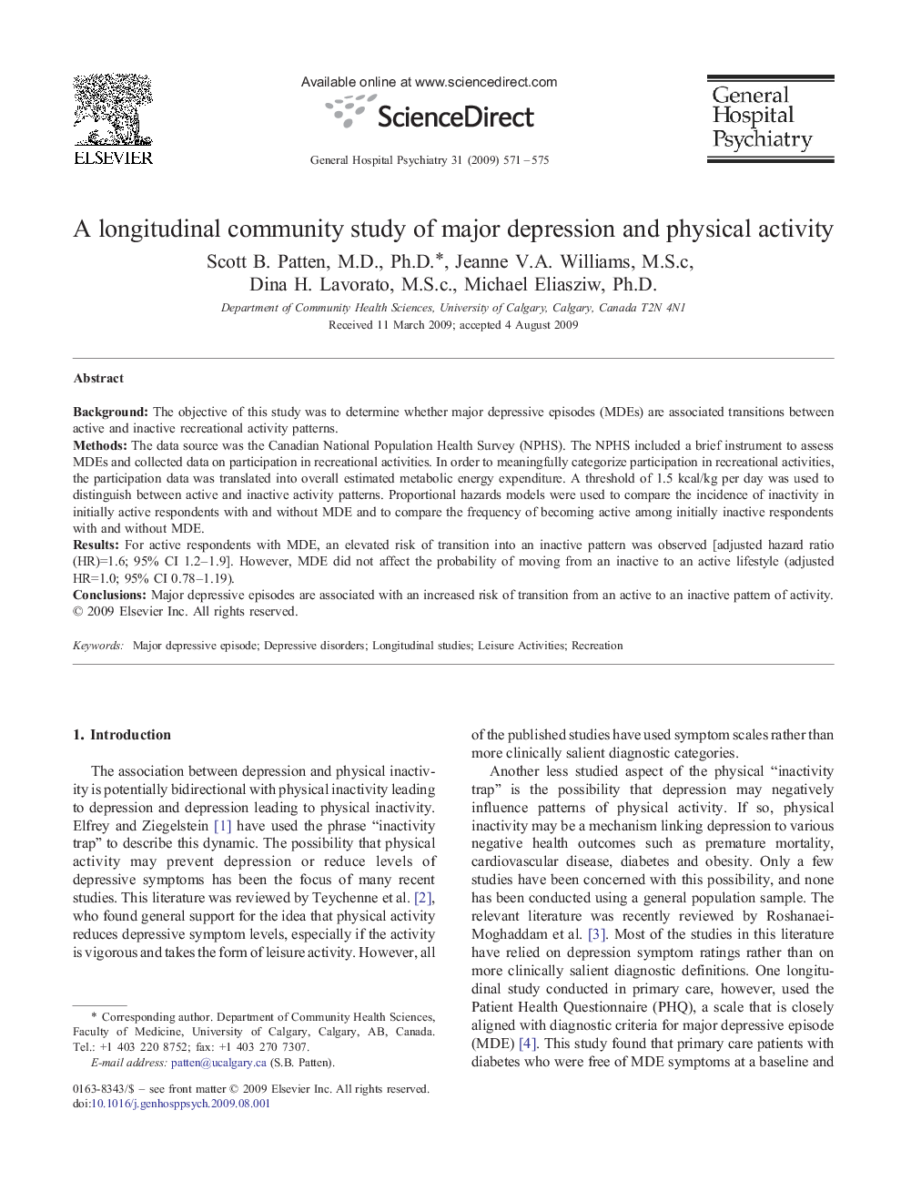 A longitudinal community study of major depression and physical activity