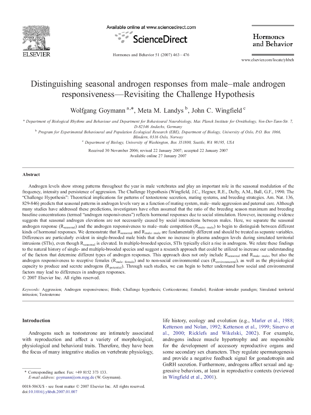 Distinguishing seasonal androgen responses from male–male androgen responsiveness—Revisiting the Challenge Hypothesis