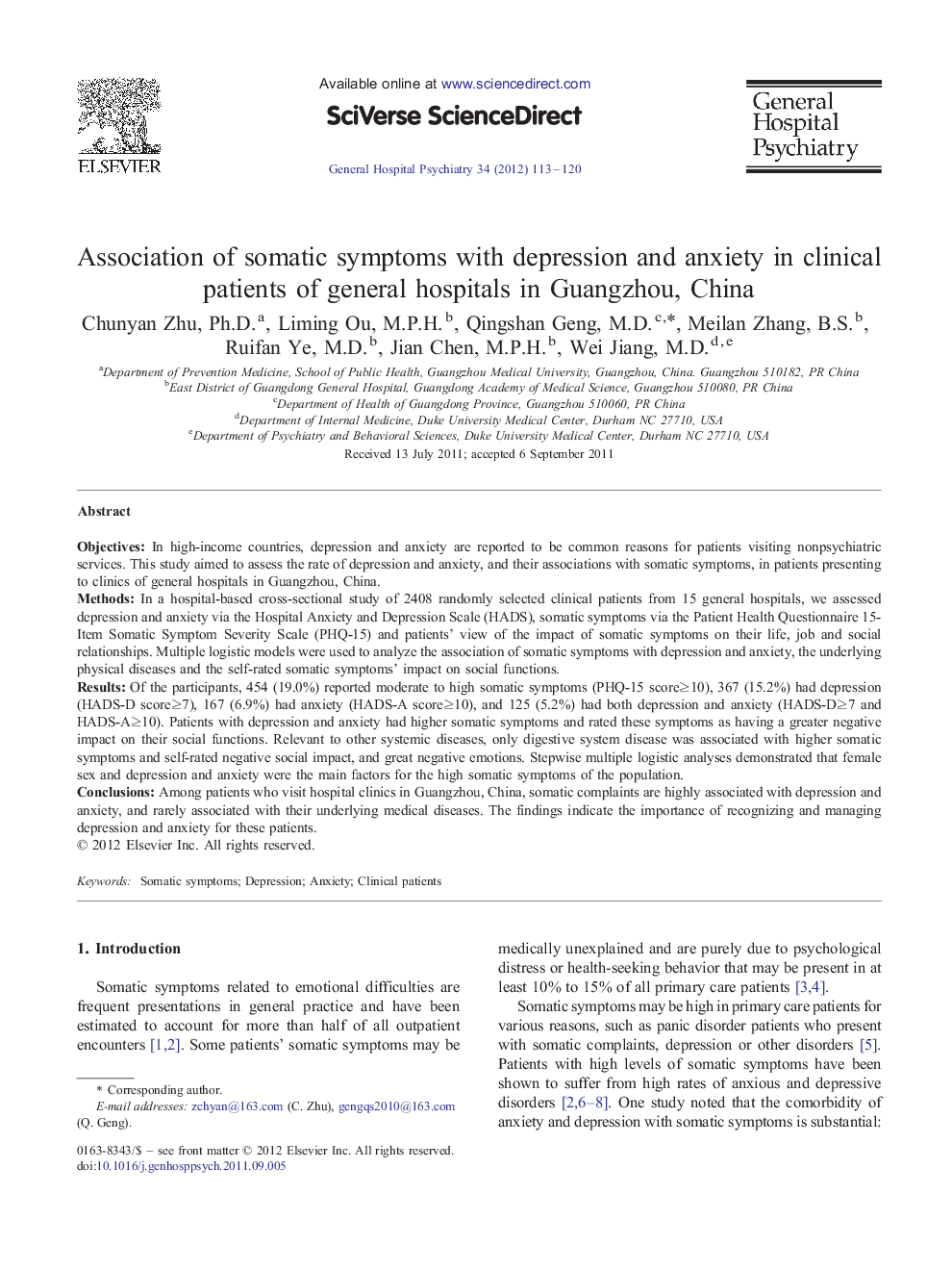 Association of somatic symptoms with depression and anxiety in clinical patients of general hospitals in Guangzhou, China