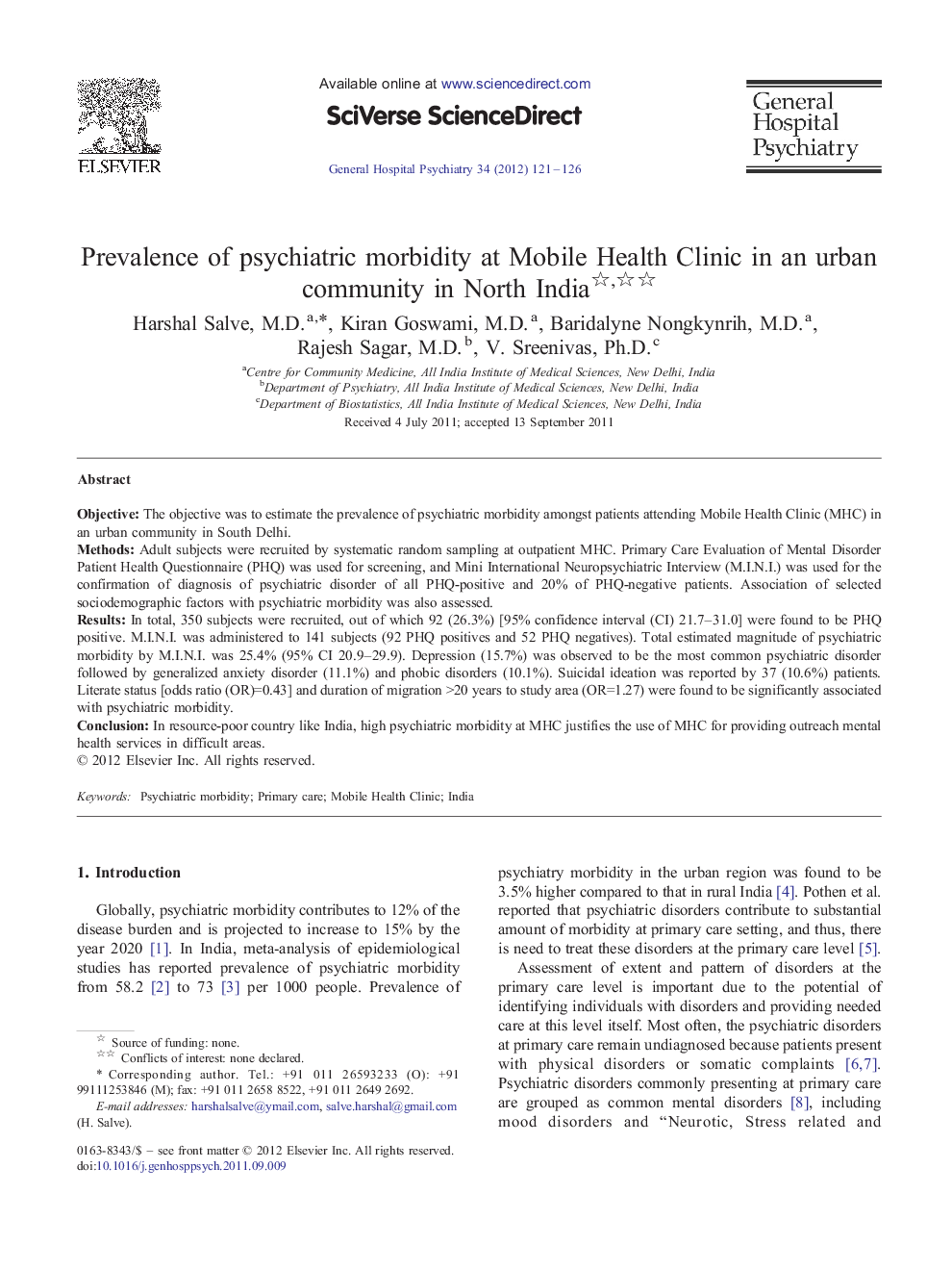 Prevalence of psychiatric morbidity at Mobile Health Clinic in an urban community in North India 