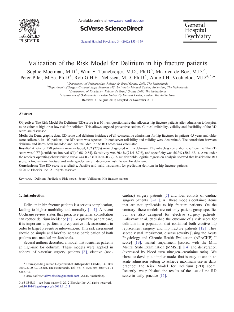Validation of the Risk Model for Delirium in hip fracture patients