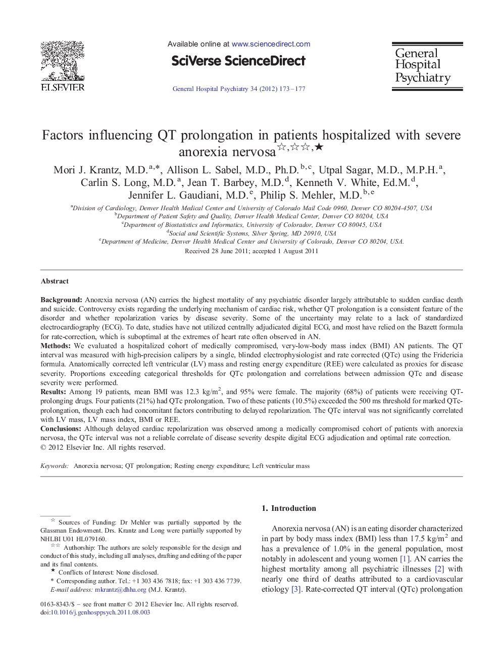 Factors influencing QT prolongation in patients hospitalized with severe anorexia nervosa ★