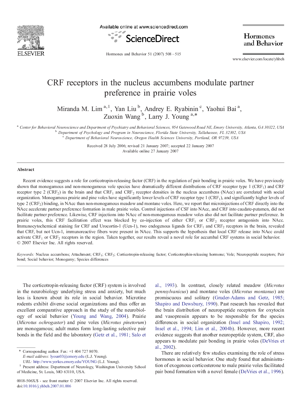 CRF receptors in the nucleus accumbens modulate partner preference in prairie voles