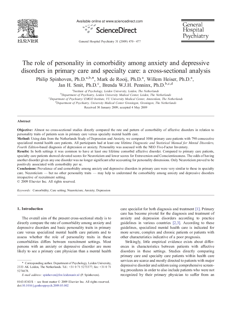 The role of personality in comorbidity among anxiety and depressive disorders in primary care and specialty care: a cross-sectional analysis