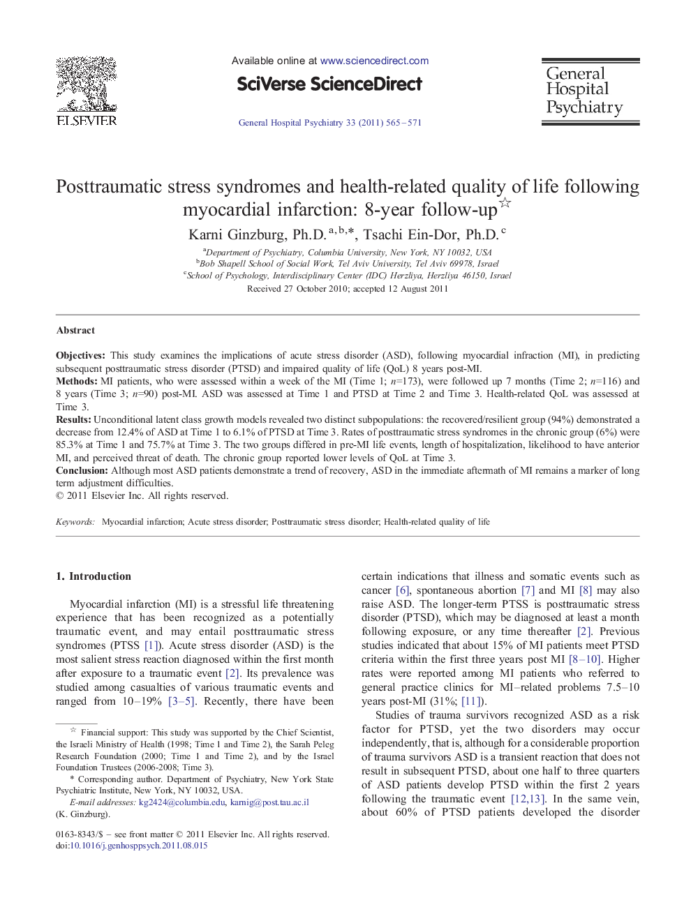 Posttraumatic stress syndromes and health-related quality of life following myocardial infarction: 8-year follow-up 