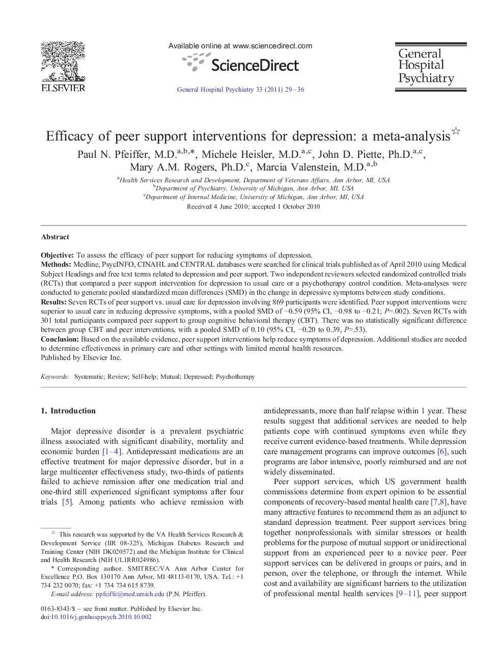 Efficacy of peer support interventions for depression: a meta-analysis 