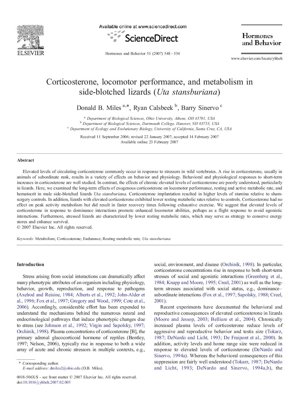 Corticosterone, locomotor performance, and metabolism in side-blotched lizards (Uta stansburiana)