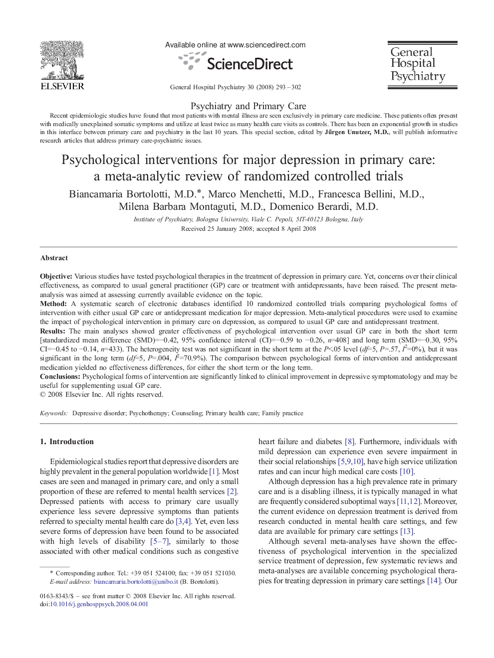 Psychological interventions for major depression in primary care: a meta-analytic review of randomized controlled trials