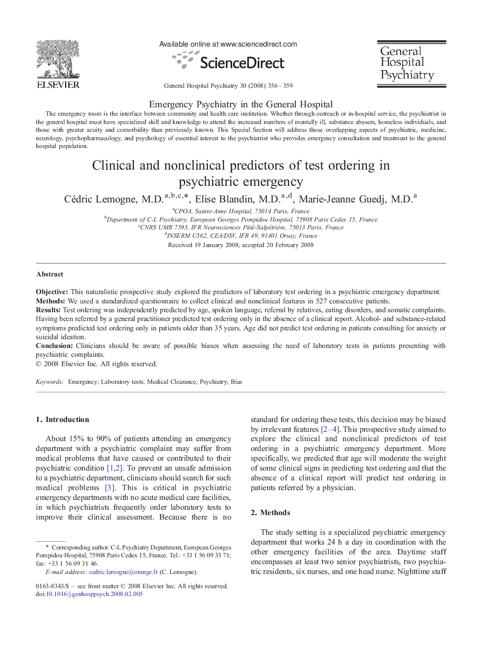 Clinical and nonclinical predictors of test ordering in psychiatric emergency