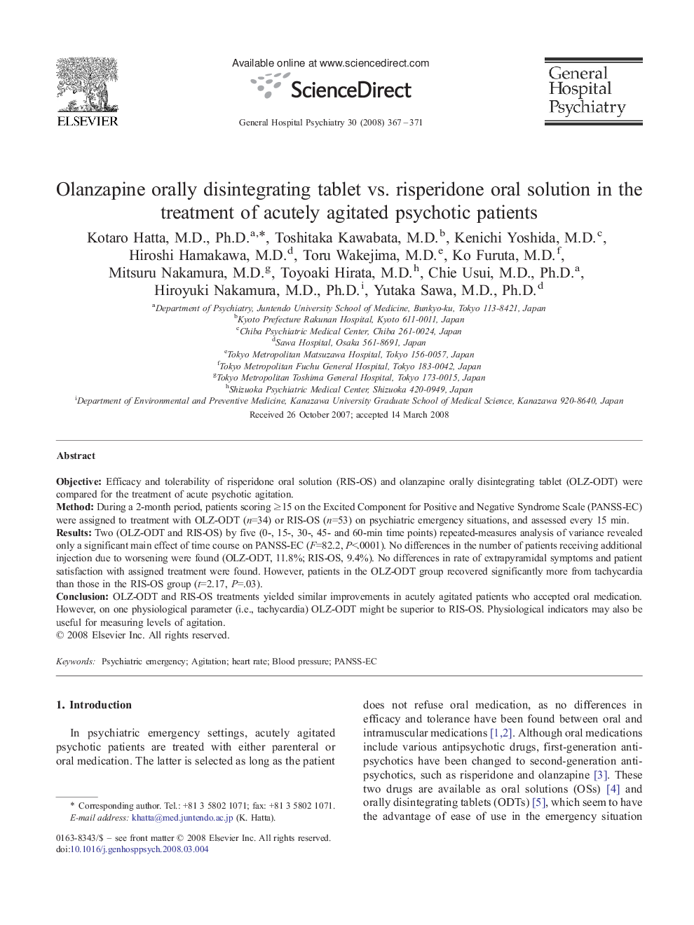 Olanzapine orally disintegrating tablet vs. risperidone oral solution in the treatment of acutely agitated psychotic patients