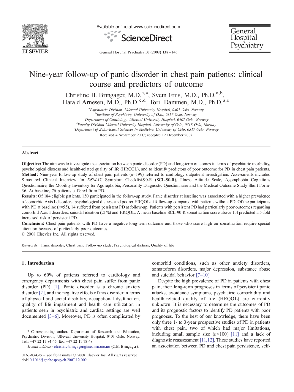 Nine-year follow-up of panic disorder in chest pain patients: clinical course and predictors of outcome