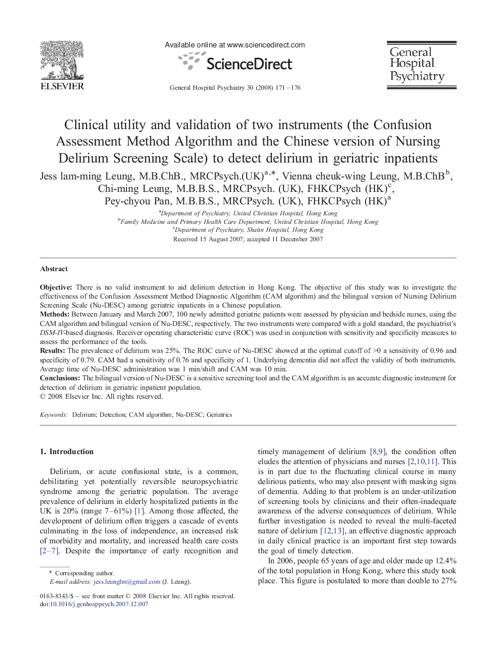 Clinical utility and validation of two instruments (the Confusion Assessment Method Algorithm and the Chinese version of Nursing Delirium Screening Scale) to detect delirium in geriatric inpatients