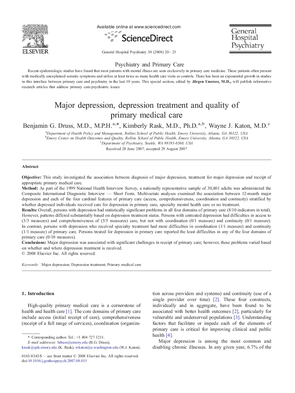 Major depression, depression treatment and quality of primary medical care 