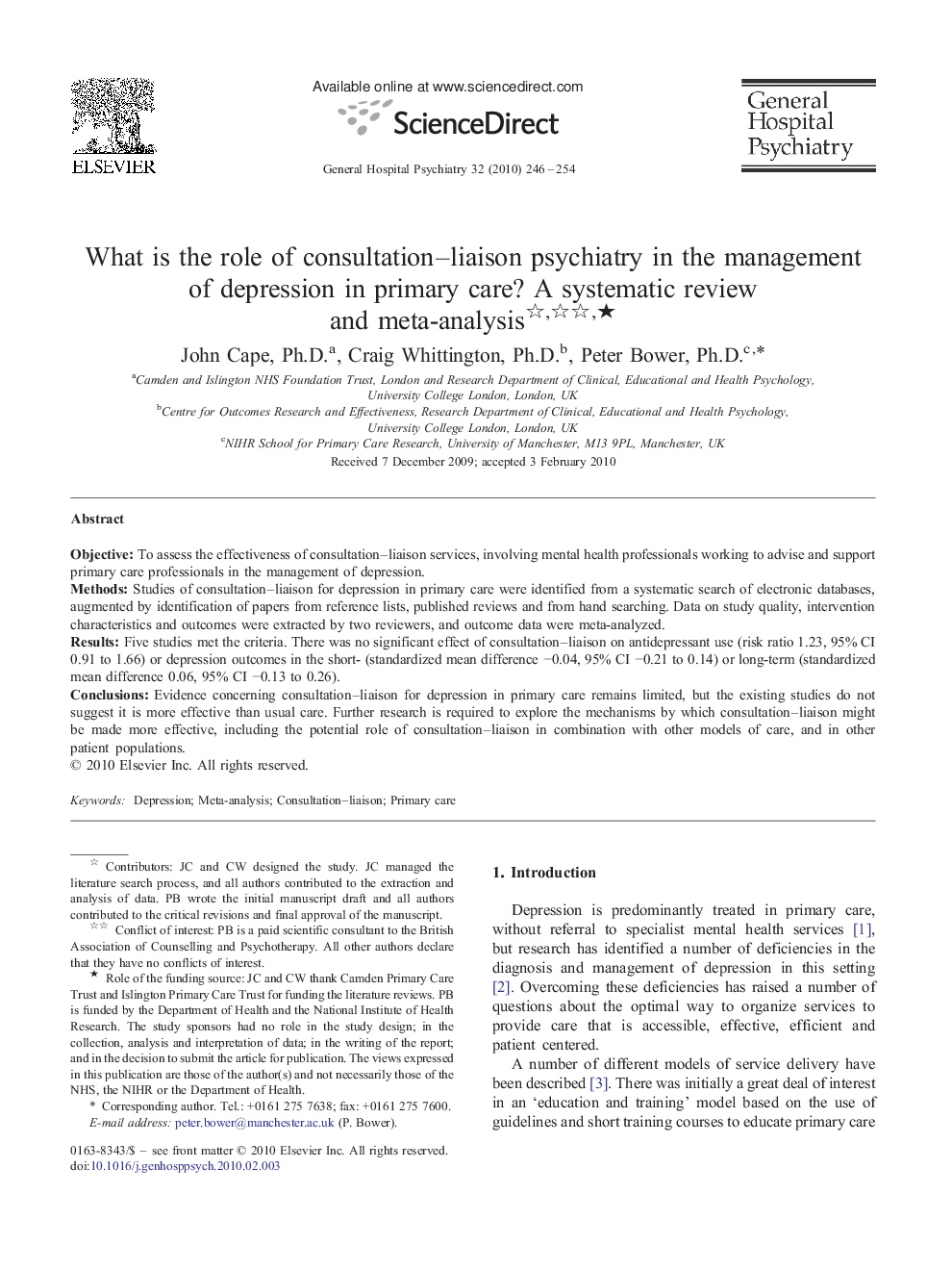 What is the role of consultation–liaison psychiatry in the management of depression in primary care? A systematic review and meta-analysis ★