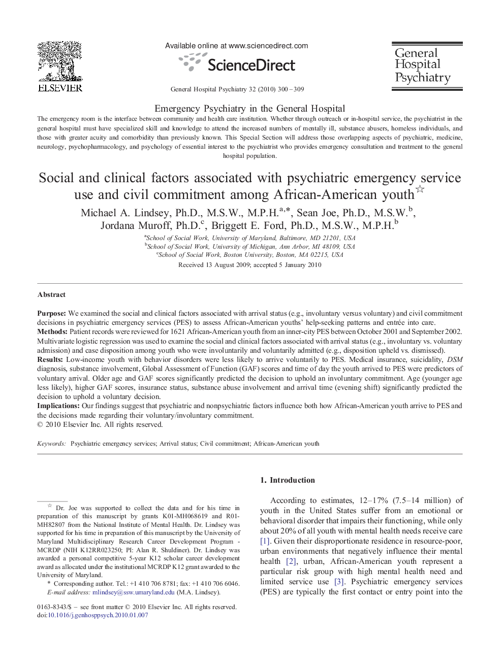 Social and clinical factors associated with psychiatric emergency service use and civil commitment among African-American youth 