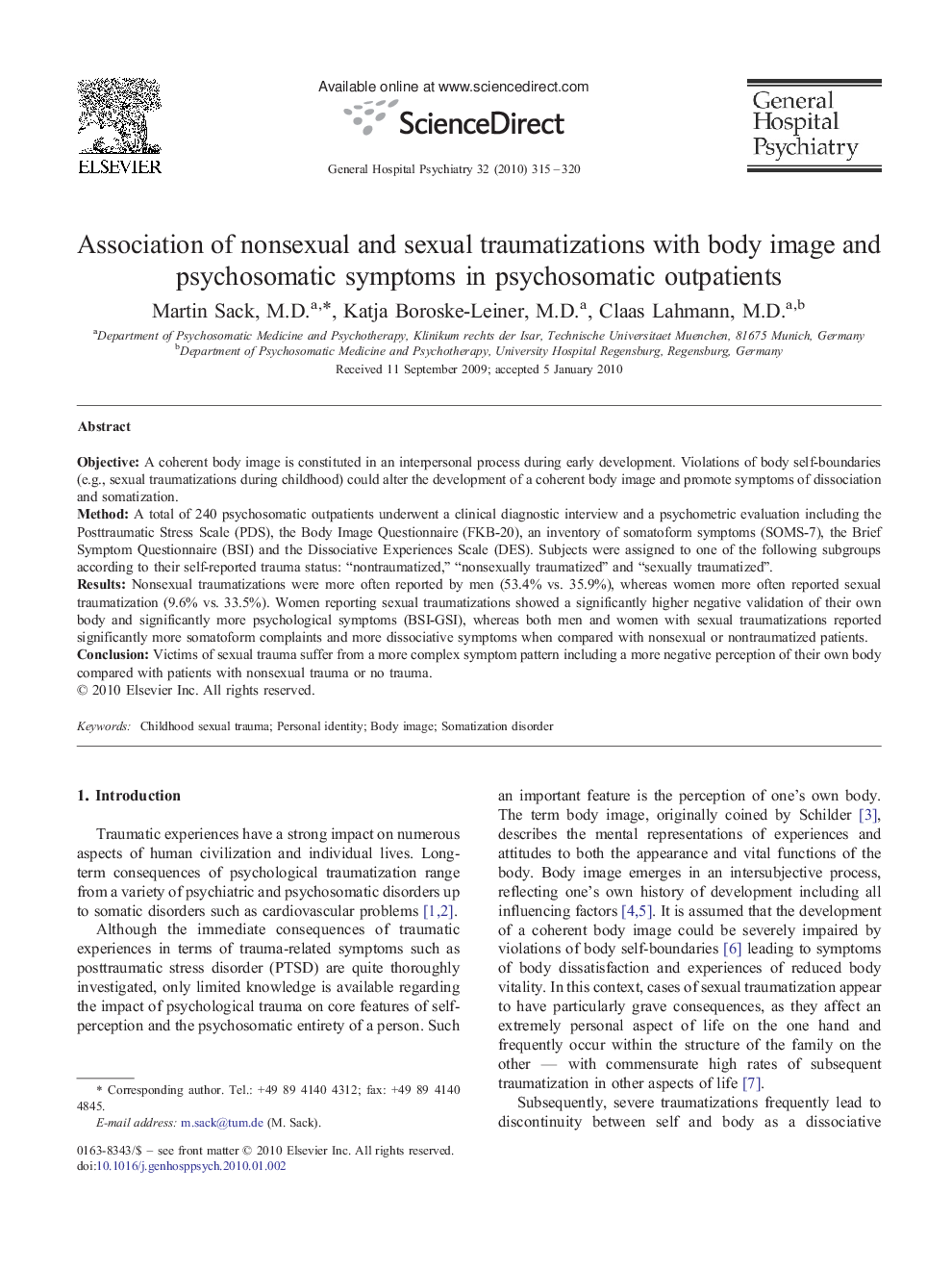 Association of nonsexual and sexual traumatizations with body image and psychosomatic symptoms in psychosomatic outpatients