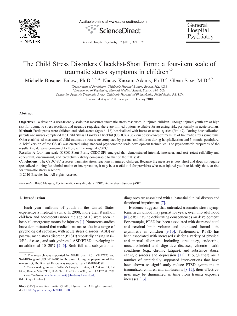 The Child Stress Disorders Checklist-Short Form: a four-item scale of traumatic stress symptoms in children 