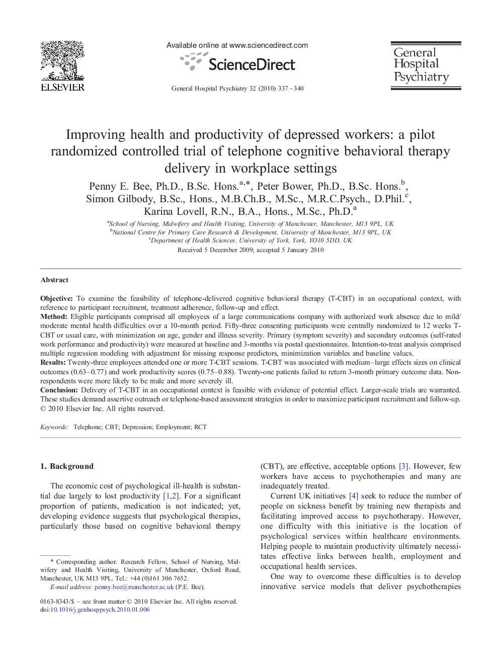 Improving health and productivity of depressed workers: a pilot randomized controlled trial of telephone cognitive behavioral therapy delivery in workplace settings