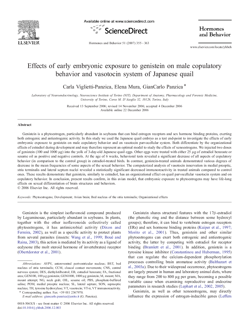 Effects of early embryonic exposure to genistein on male copulatory behavior and vasotocin system of Japanese quail