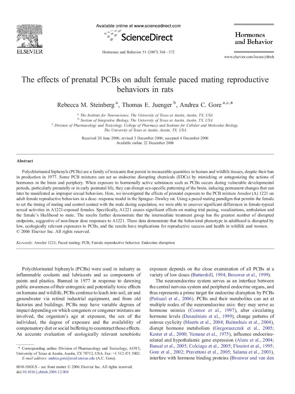 The effects of prenatal PCBs on adult female paced mating reproductive behaviors in rats