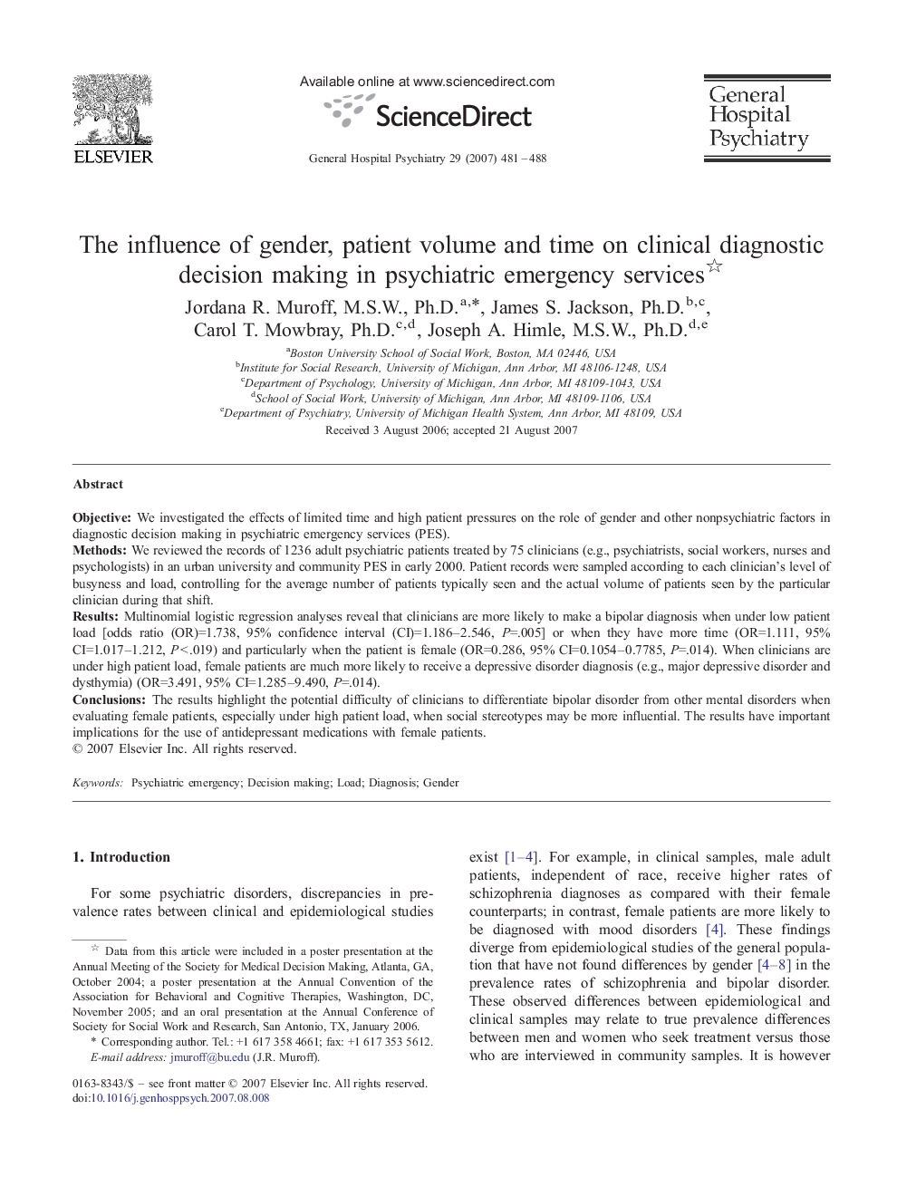 The influence of gender, patient volume and time on clinical diagnostic decision making in psychiatric emergency services 