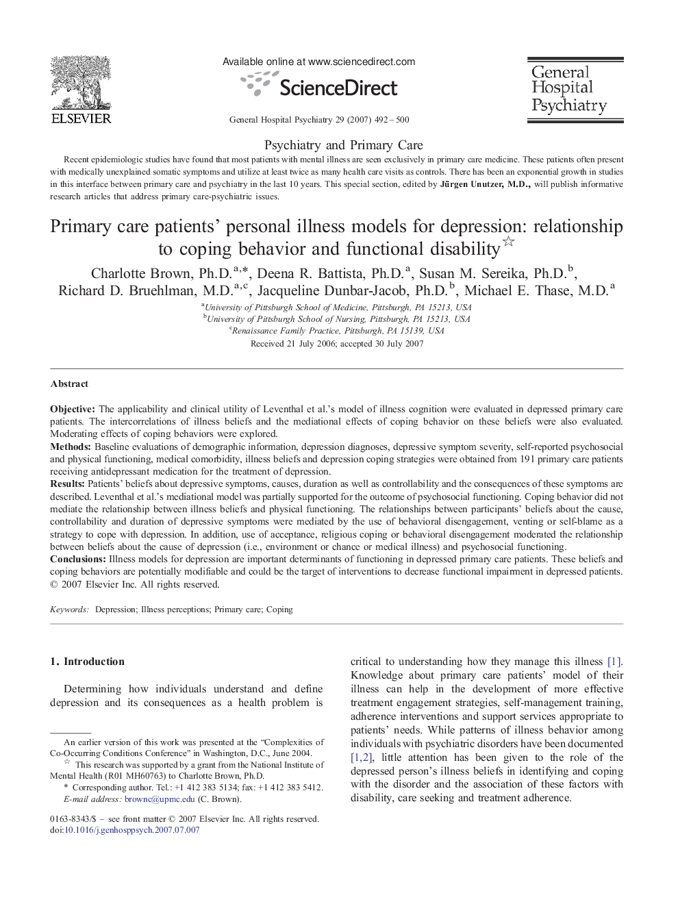 Primary care patients' personal illness models for depression: relationship to coping behavior and functional disability