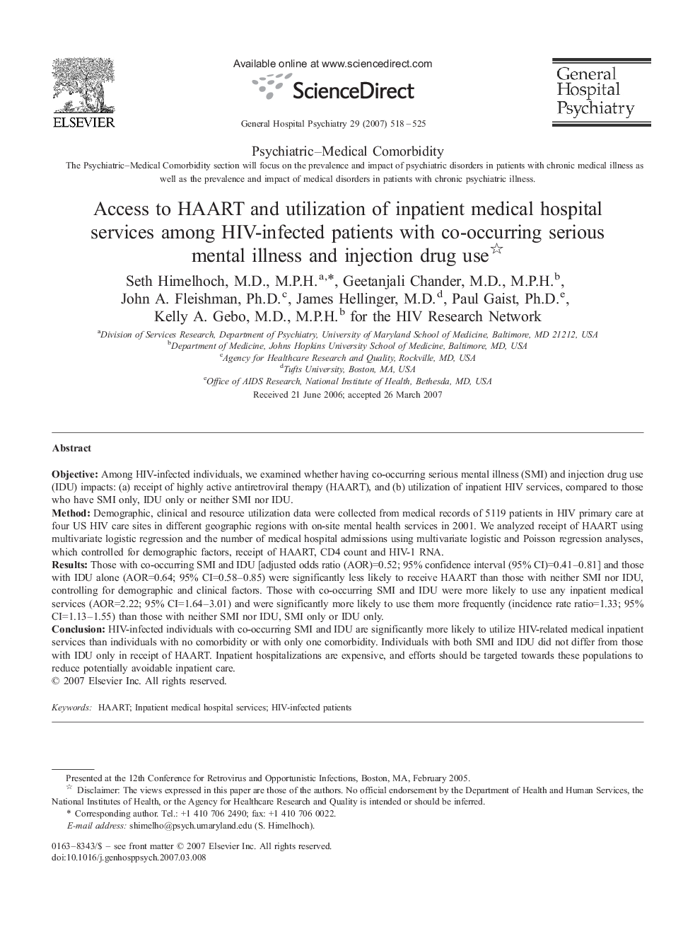 Access to HAART and utilization of inpatient medical hospital services among HIV-infected patients with co-occurring serious mental illness and injection drug use