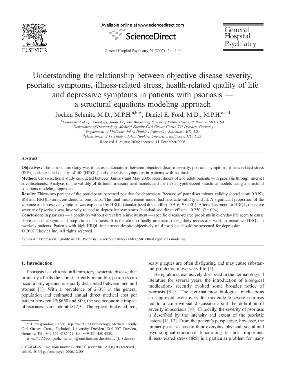 Understanding the relationship between objective disease severity, psoriatic symptoms, illness-related stress, health-related quality of life and depressive symptoms in patients with psoriasis — a structural equations modeling approach