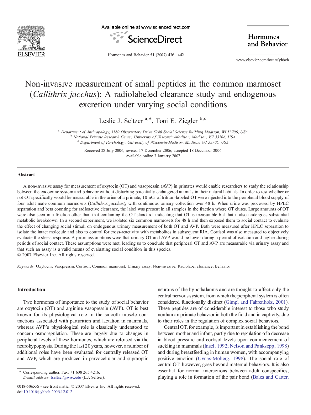 Non-invasive measurement of small peptides in the common marmoset (Callithrix jacchus): A radiolabeled clearance study and endogenous excretion under varying social conditions