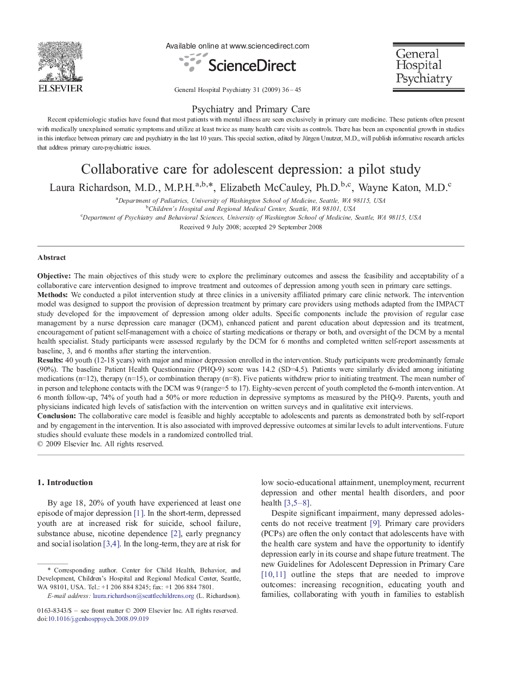 عکس صفحه اول مقاله: Collaborative care for adolescent depression: a pilot study Collaborative care for adolescent depression: a pilot study