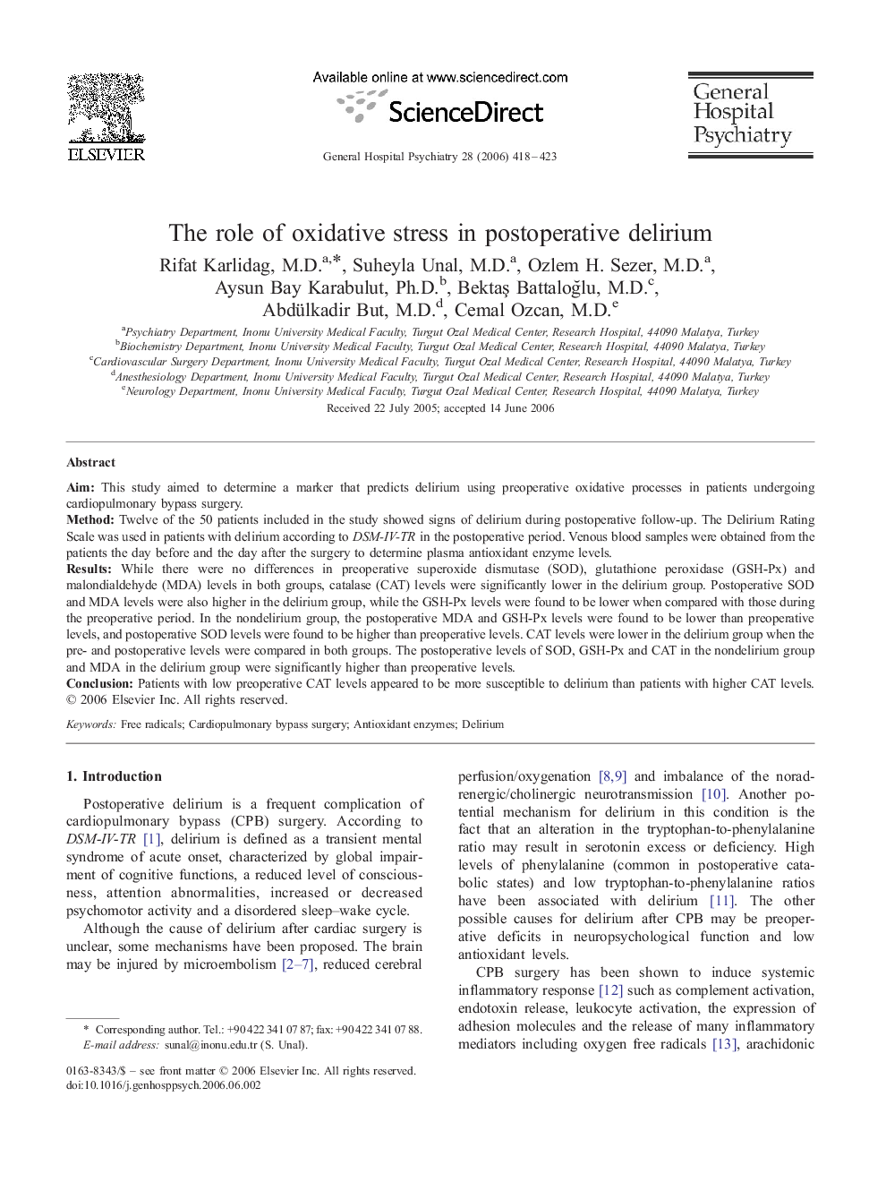 The role of oxidative stress in postoperative delirium