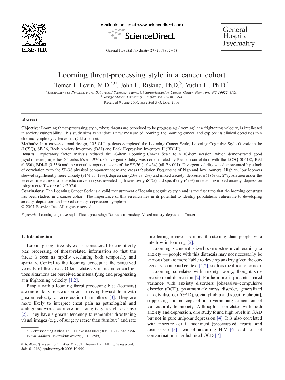 Looming threat-processing style in a cancer cohort