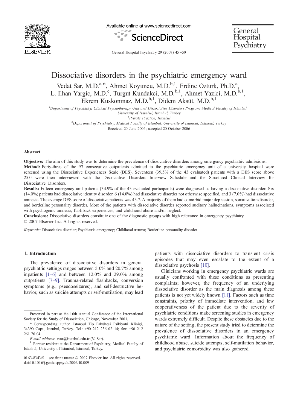 Dissociative disorders in the psychiatric emergency ward