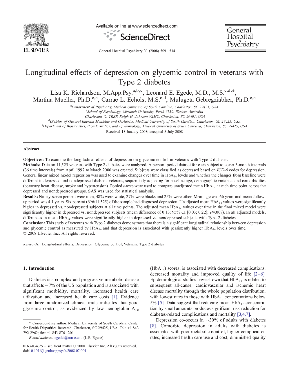 Longitudinal effects of depression on glycemic control in veterans with Type 2 diabetes