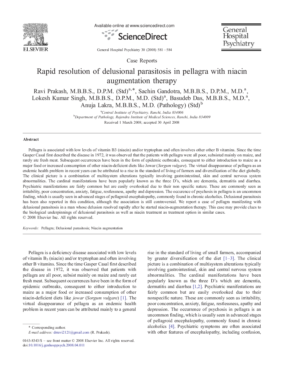 Rapid resolution of delusional parasitosis in pellagra with niacin augmentation therapy