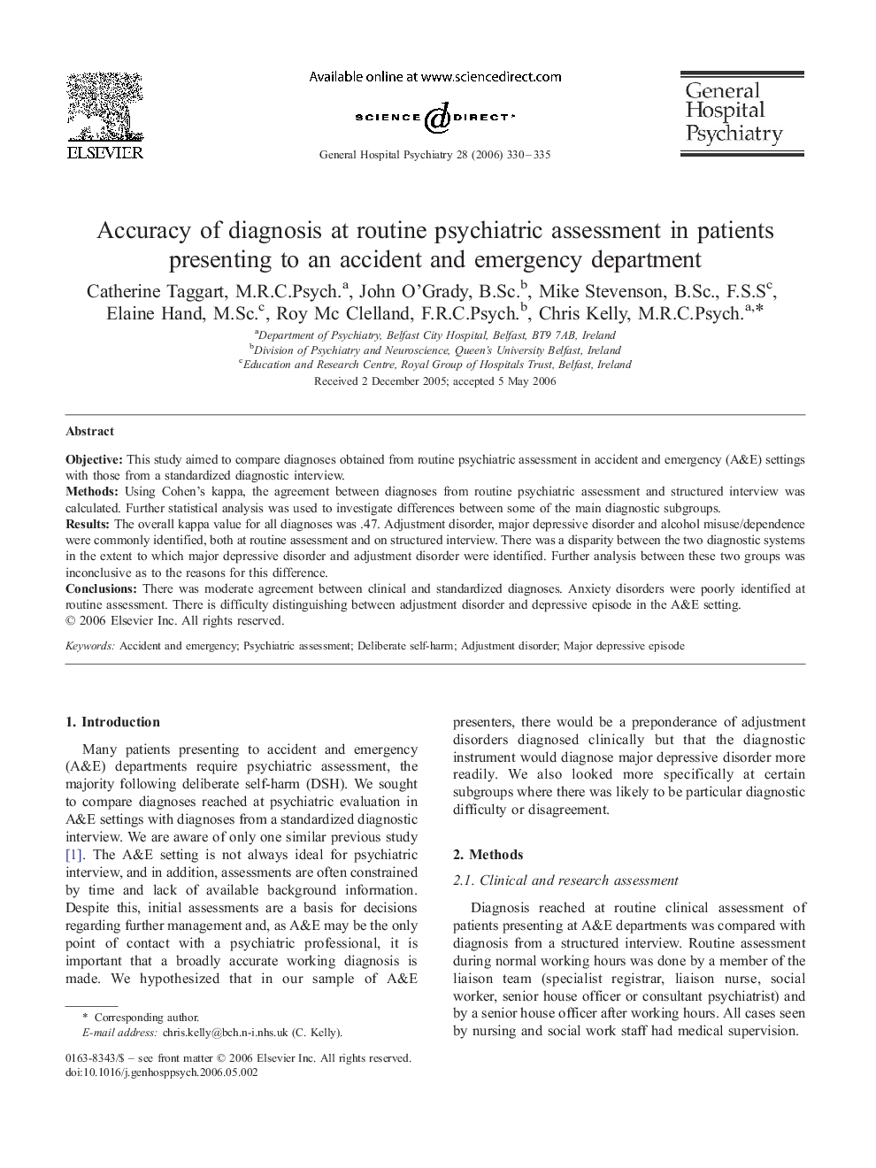 Accuracy of diagnosis at routine psychiatric assessment in patients presenting to an accident and emergency department