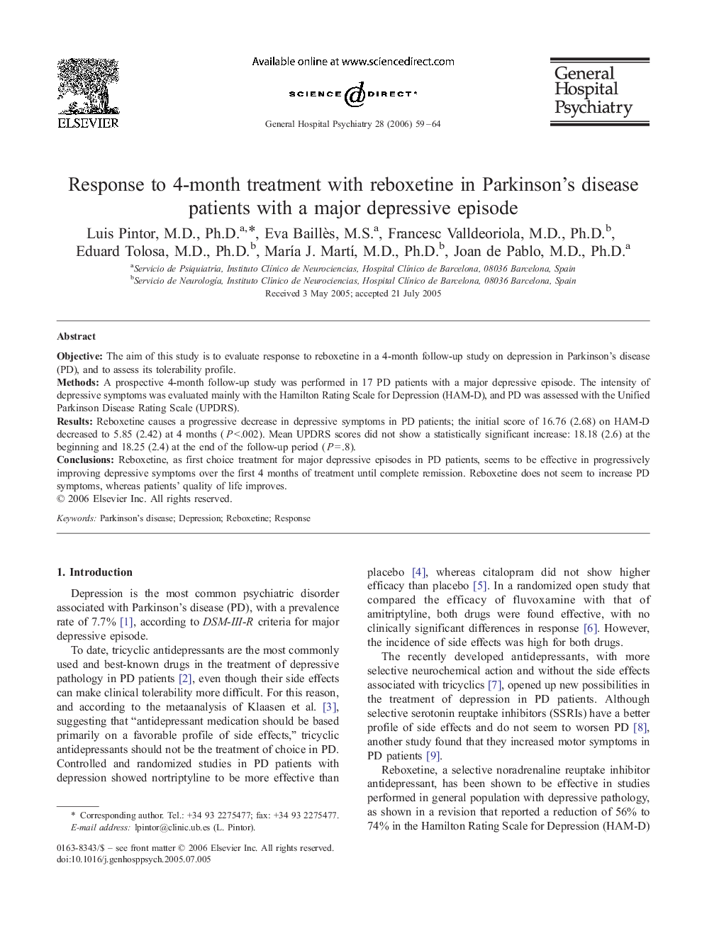 عکس صفحه اول مقاله: Response to 4-month treatment with reboxetine in Parkinson's disease patients with a major depressive episode Response to 4-month treatment with reboxetine in Parkinson's disease patients with a major depressive episode