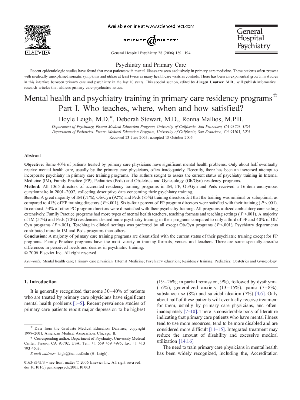 عکس صفحه اول مقاله: Mental health and psychiatry training in primary care residency programs : Part I. Who teaches, where, when and how satisfied? Mental health and psychiatry training in primary care residency programs : Part I. Who teaches, where, when and how satisfied?