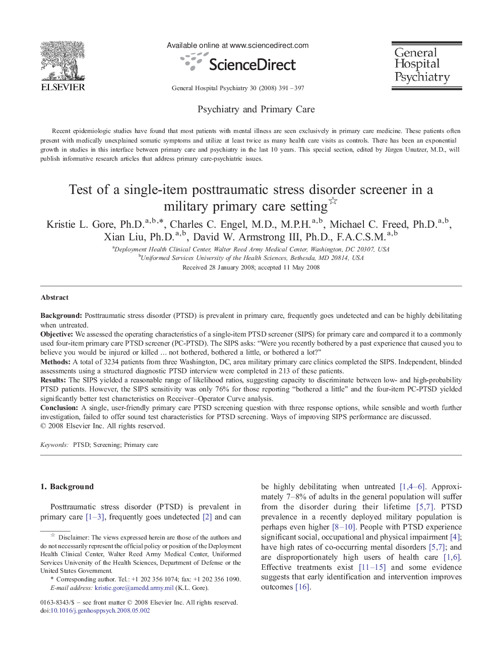 عکس صفحه اول مقاله: Test of a single-item posttraumatic stress disorder screener in a military primary care setting Test of a single-item posttraumatic stress disorder screener in a military primary care setting