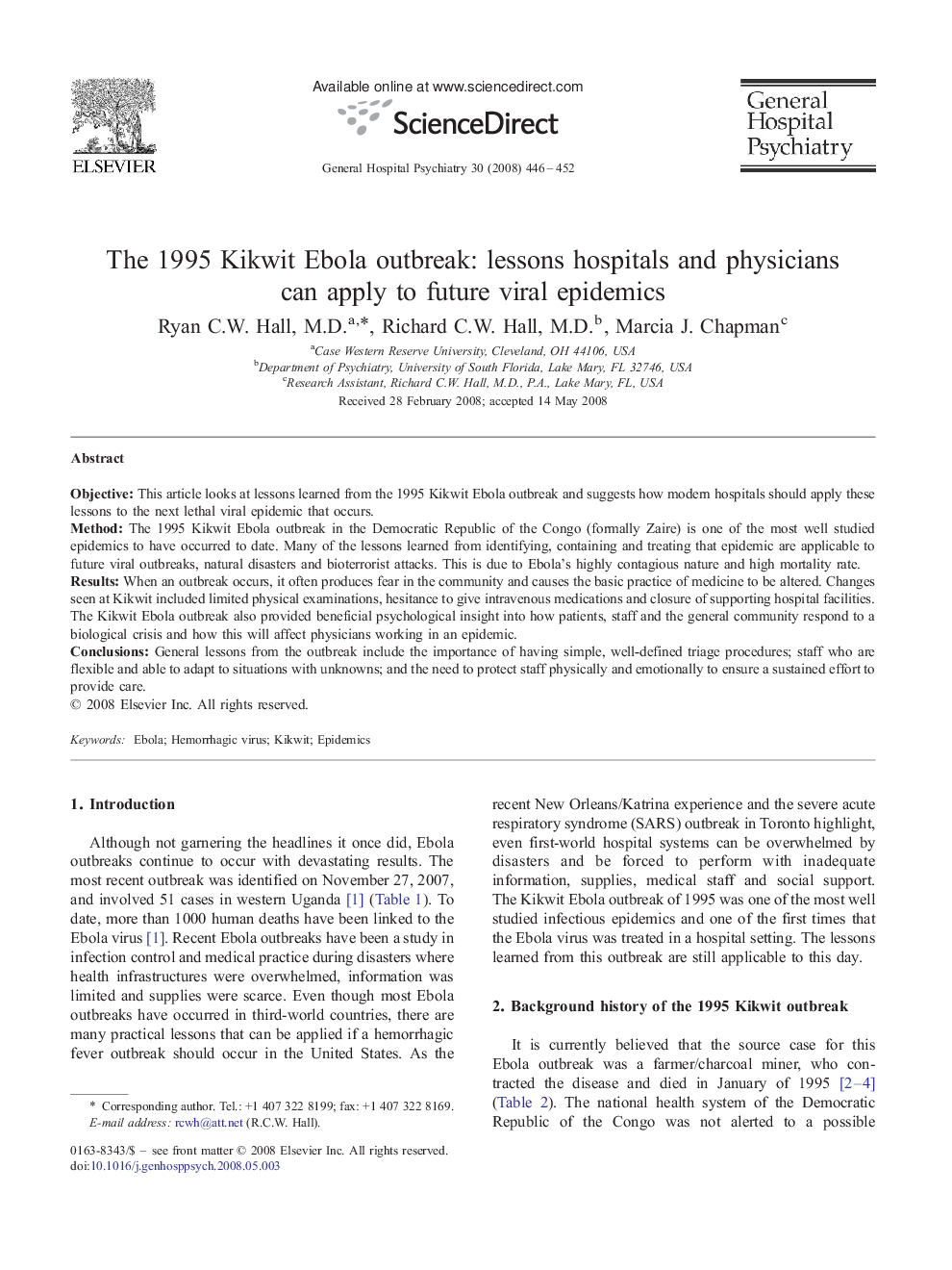 The 1995 Kikwit Ebola outbreak: lessons hospitals and physicians can apply to future viral epidemics