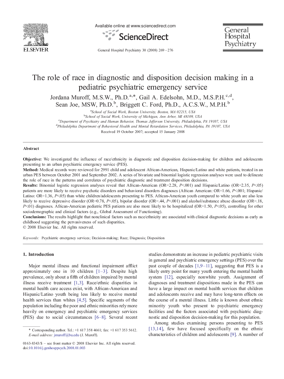 The role of race in diagnostic and disposition decision making in a pediatric psychiatric emergency service