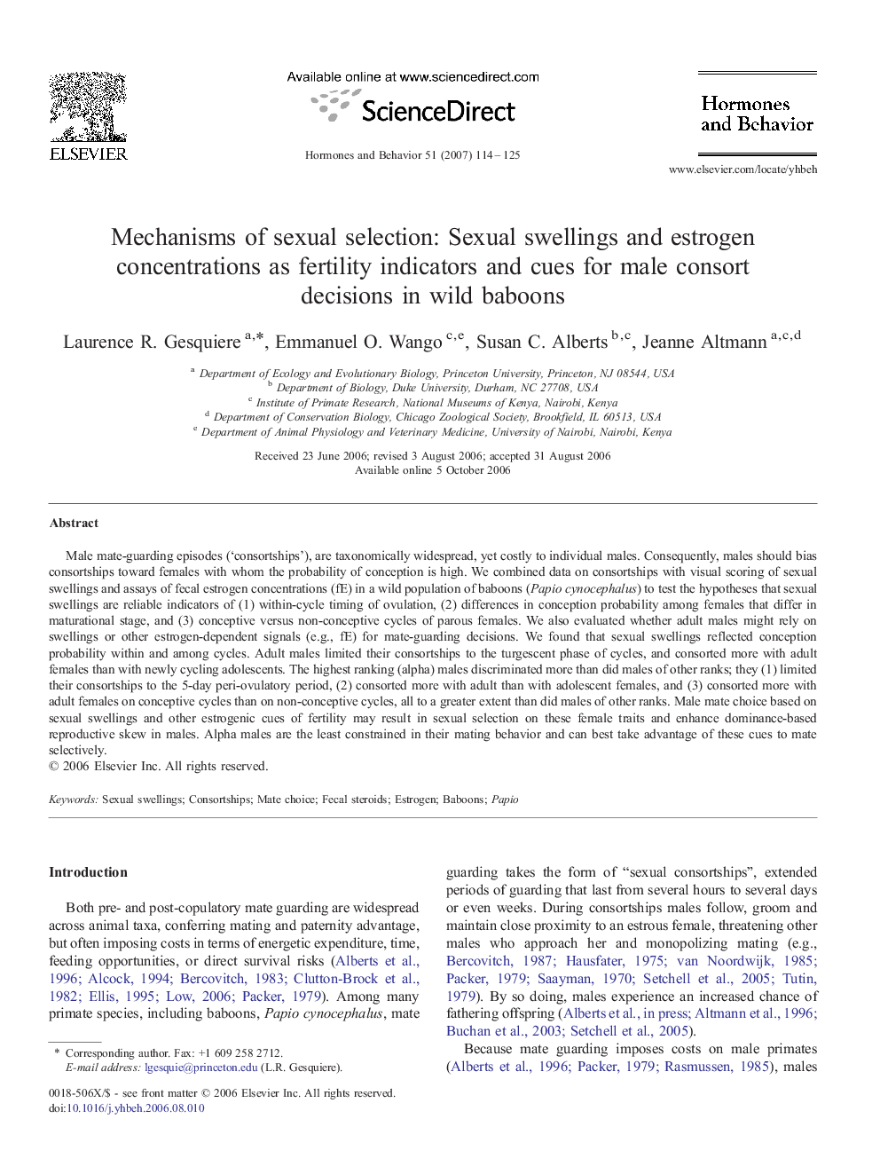 Mechanisms of sexual selection: Sexual swellings and estrogen concentrations as fertility indicators and cues for male consort decisions in wild baboons