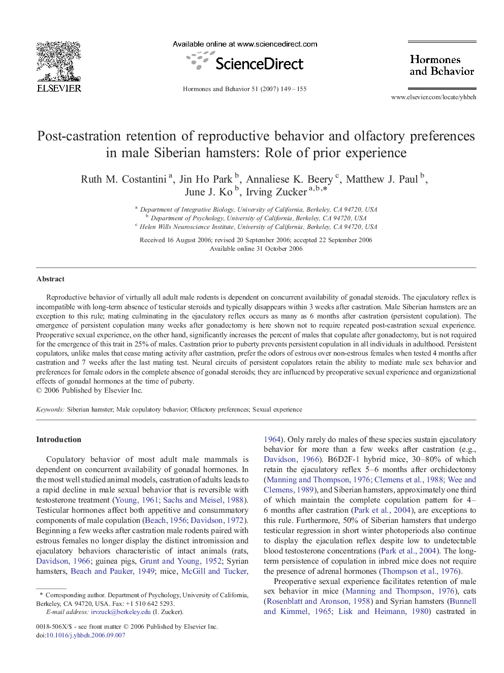 Post-castration retention of reproductive behavior and olfactory preferences in male Siberian hamsters: Role of prior experience