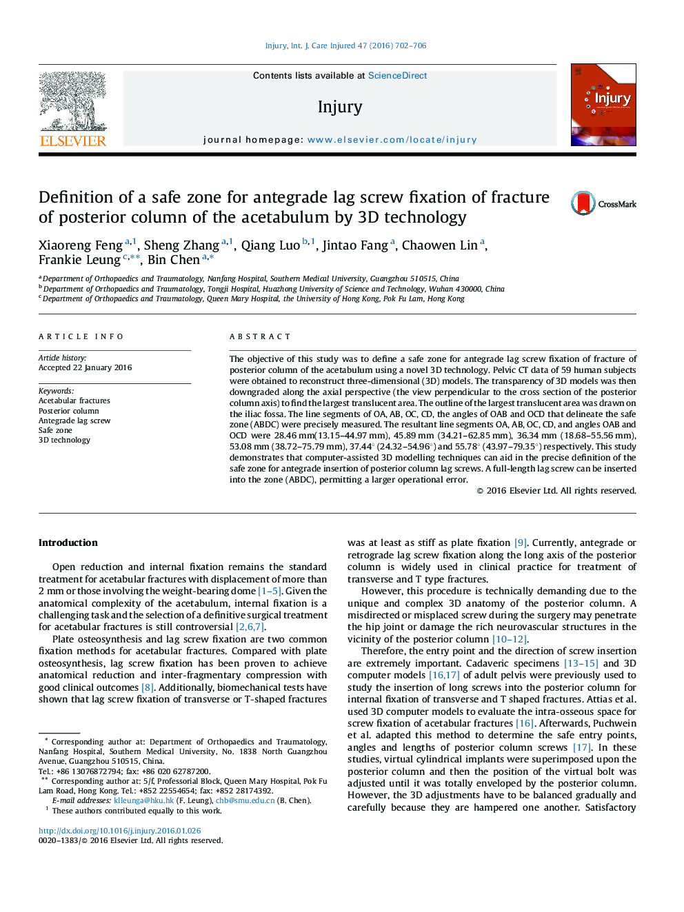 Definition of a safe zone for antegrade lag screw fixation of fracture of posterior column of the acetabulum by 3D technology