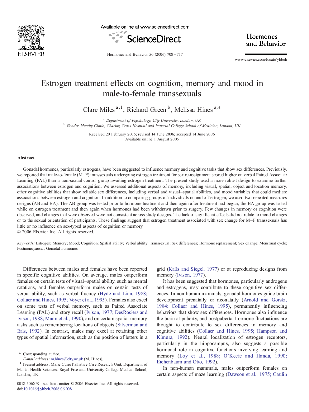 Estrogen treatment effects on cognition, memory and mood in male-to-female transsexuals