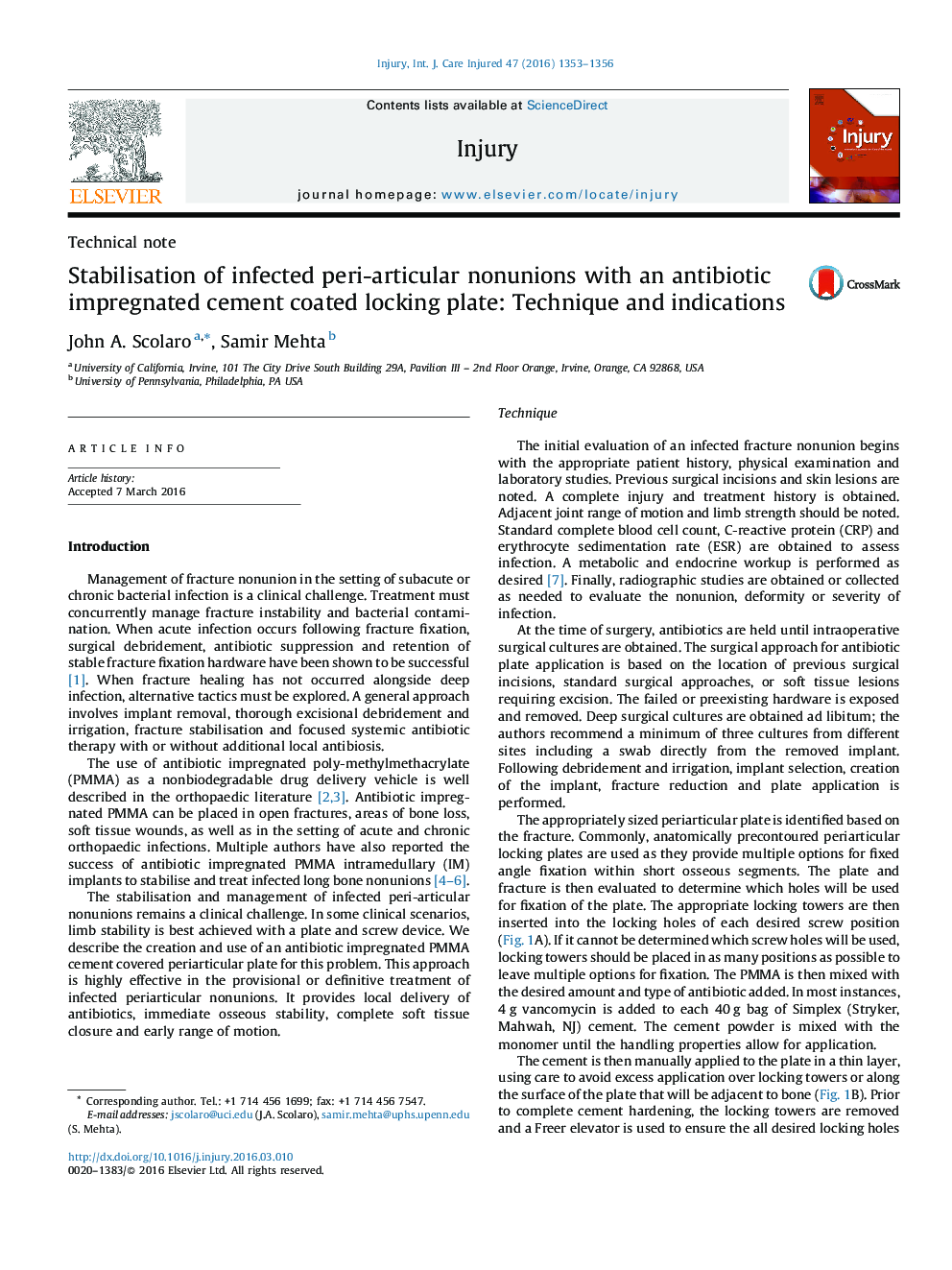 Stabilisation of infected peri-articular nonunions with an antibiotic impregnated cement coated locking plate: Technique and indications