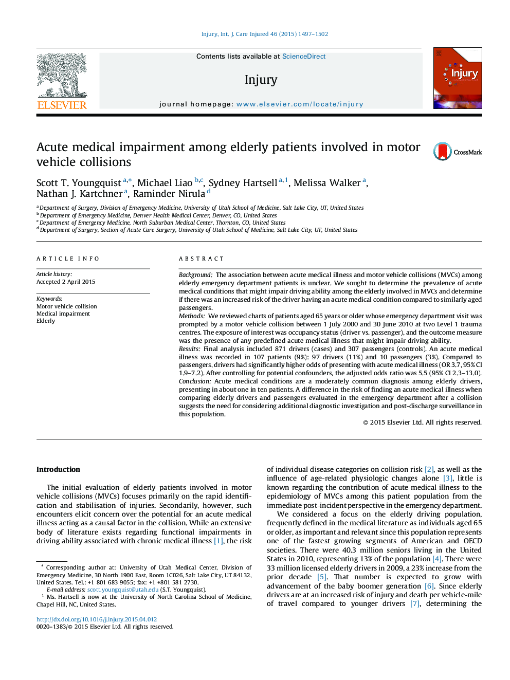 Acute medical impairment among elderly patients involved in motor vehicle collisions