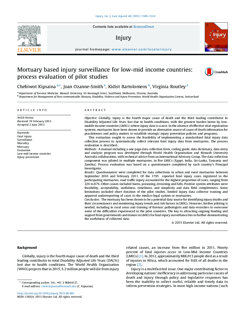 Mortuary based injury surveillance for low-mid income countries: process evaluation of pilot studies